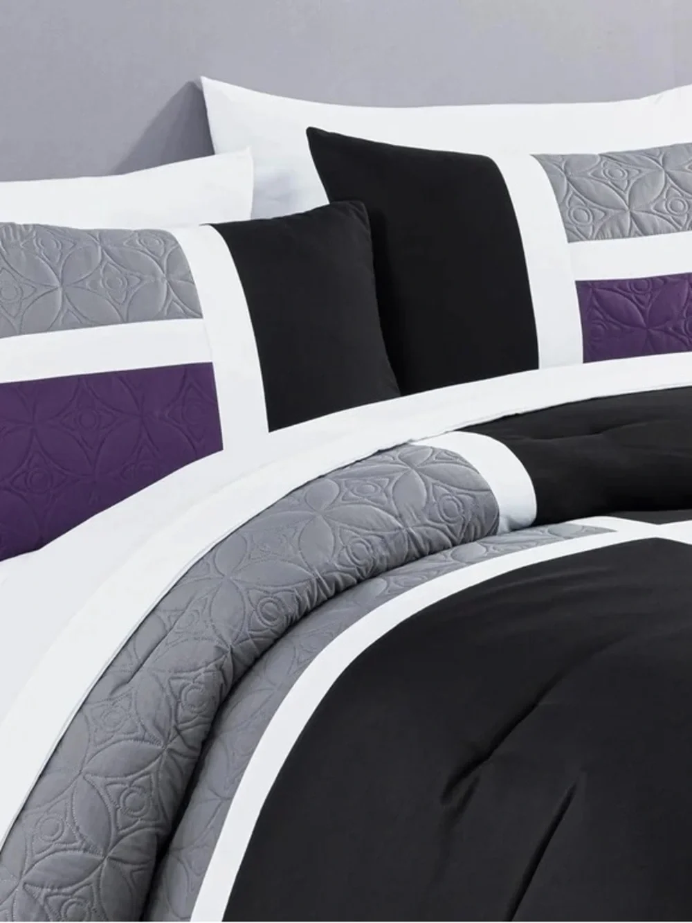 Modern Geometric Black, Purple & Gray Queen 3 piece Comforter Set